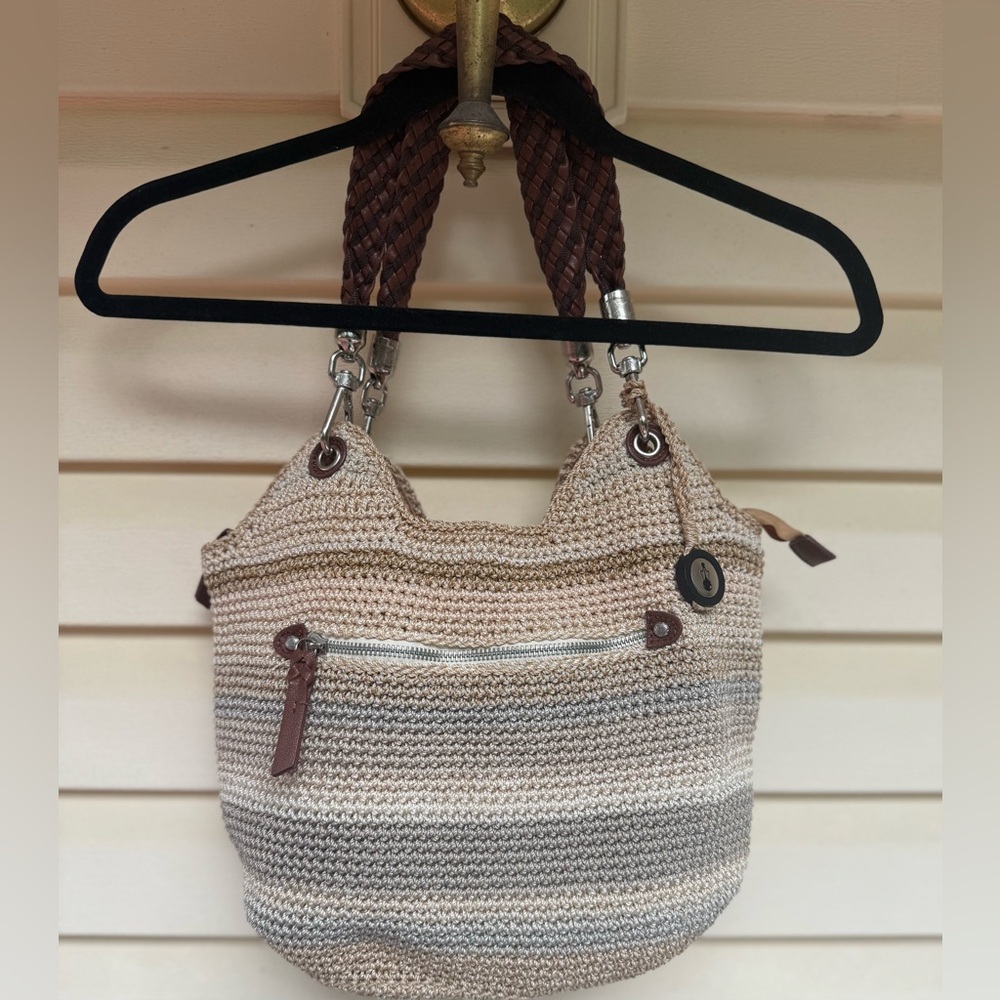 The Sak Crochet Striped Shoulder Bag, Braided Straps, Front Closure, 15x10x5.5